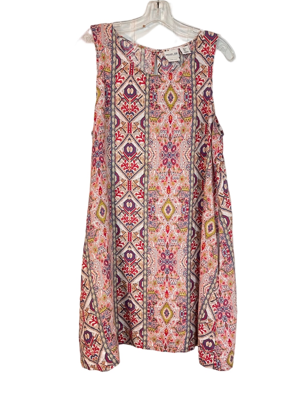 Rachel Zoe 100% Linen Multicolor Aztec Print Sleeveless Trapeze Dress Large Boho